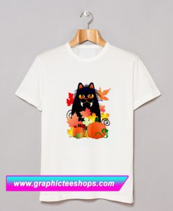 Black Halloween Kitty and Pumpkins T Shirt (GPMU)