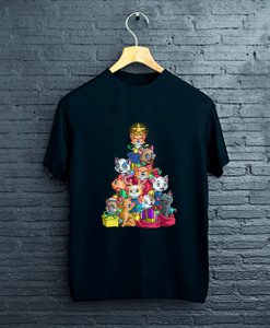 Meowy Xmas Funny Cat Tree Ugly Christmas Lights Tree Gift T-Shirt FP