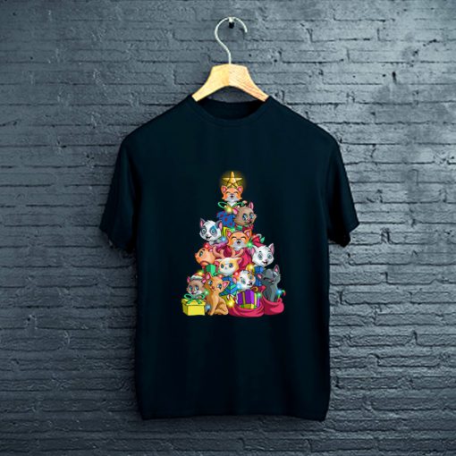 Meowy Xmas Funny Cat Tree Ugly Christmas Lights Tree Gift T-Shirt FP