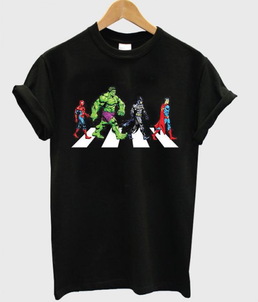 Spiderman Hulk Batman Superman on Abbey Road T-Shirt (GPMU)